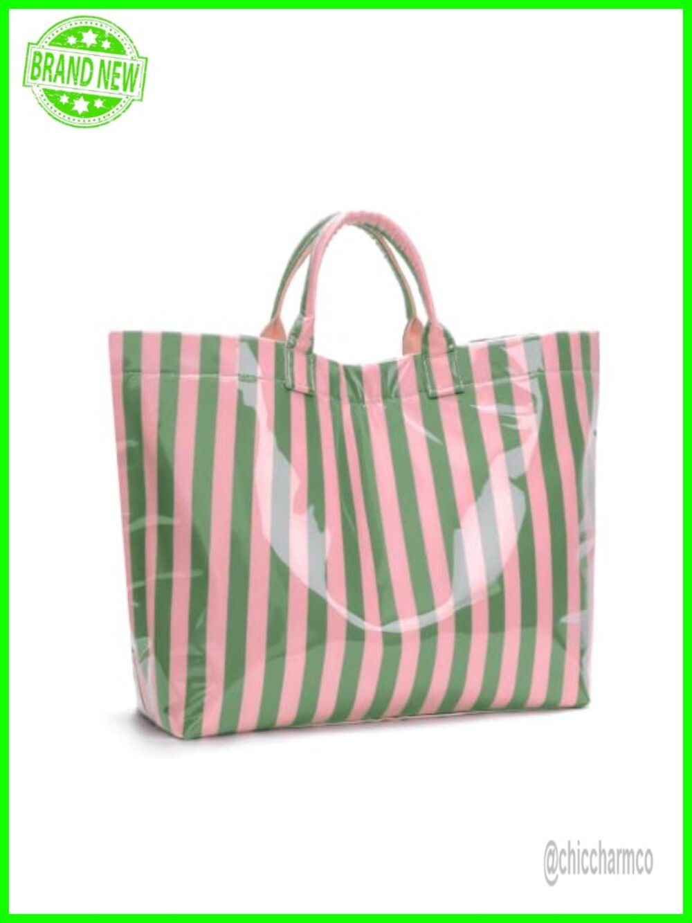 PVC Tote Bag Glossy Striped Top Handle Waterproof Handbag 13in Laptop